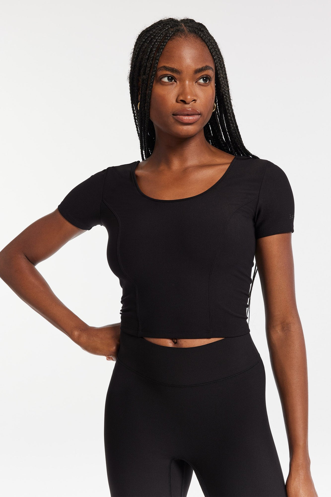 Bandier | Rib Crop Short Sleeve Top | Black Rib