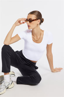 Bandier | Rib Crop Short Sleeve Top | White Rib