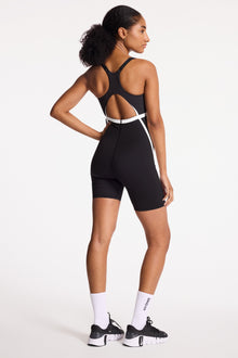 Bandier | V-Neck Plunge Contrast Short Catsuit | Black/White