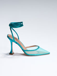 Dani Lace up on Model. TEAL SATIN LACE-UP WITH CRYSTAL EMBELLISHMENT Hand-crafted in Italy, the Dani (