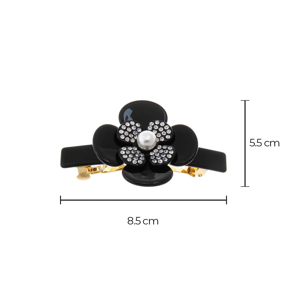 Pearl Flower W/ Rhinestone Black Hair Barrette - Adina's Jewels