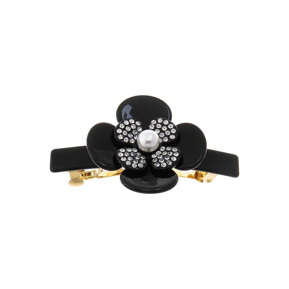 Black Pearl Flower W/ Rhinestone Black Hair Barrette - Adina's Jewels