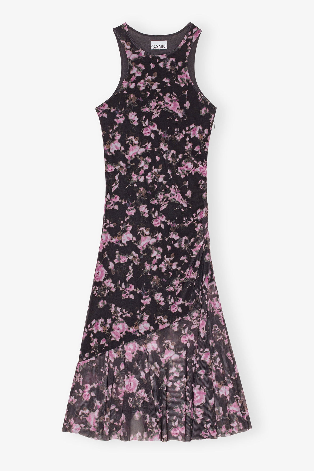 Black Floral Printed Mesh Sleeveless Midi Dress | Phantom
