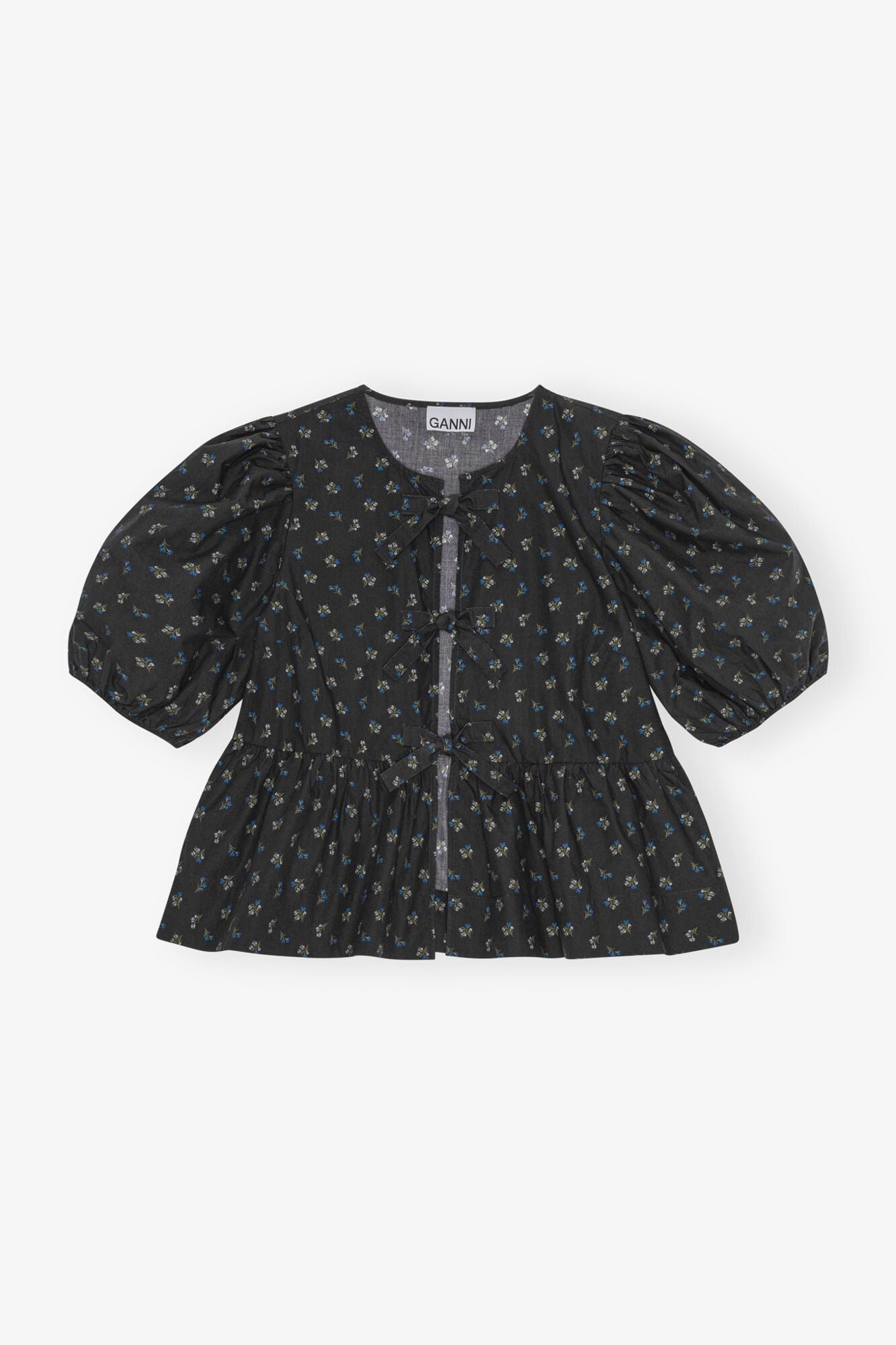 Black Printed Cotton Peplum Blouse | Phantom