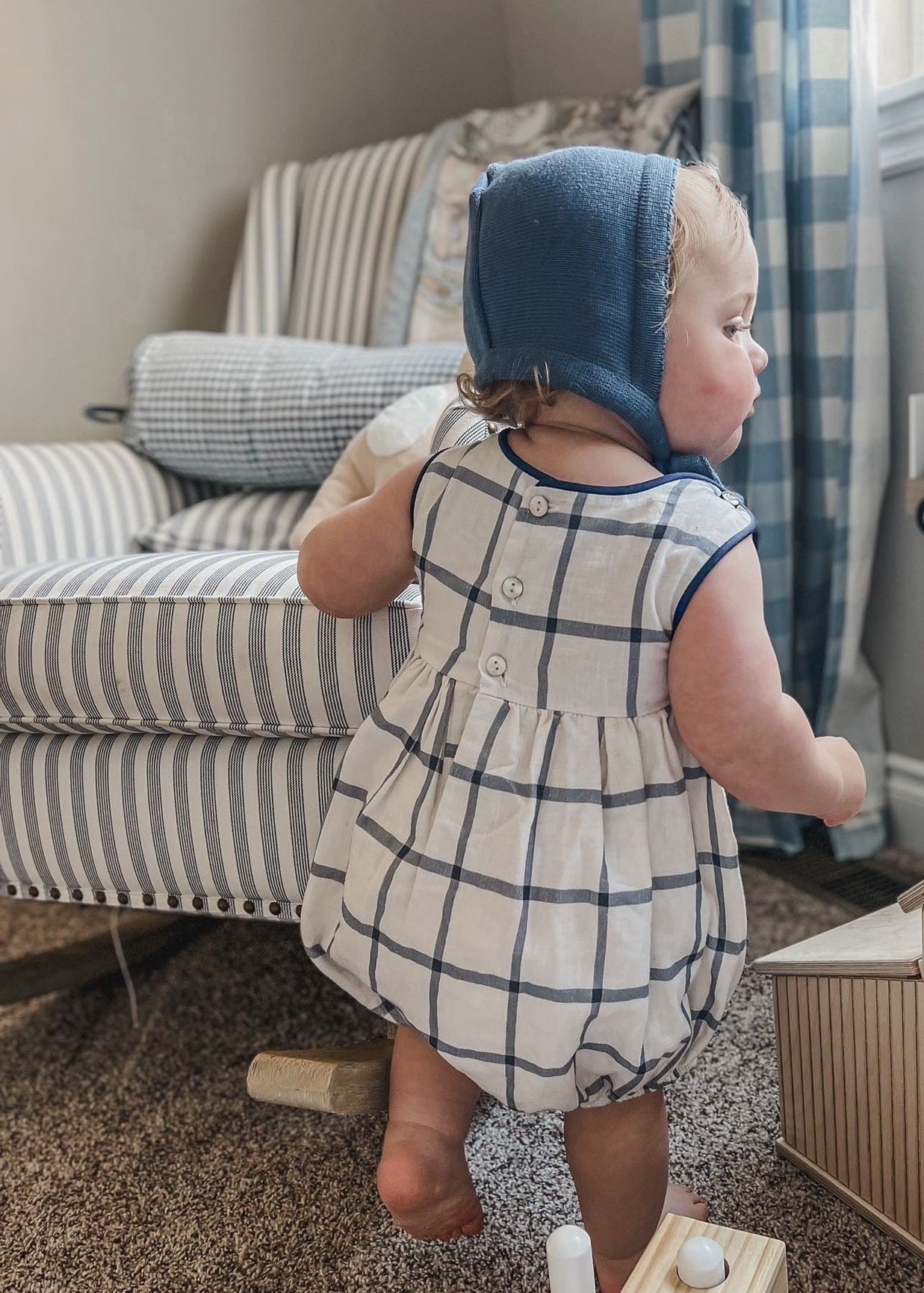 Boy | Checkered Linen Baby Boy Romper | White x Navy