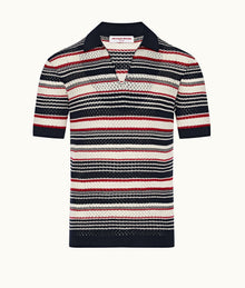 Bruno Stripe Crochet Stripe Mercerised Organic Cotton Polo Shirt | Matchstick/Night Iris