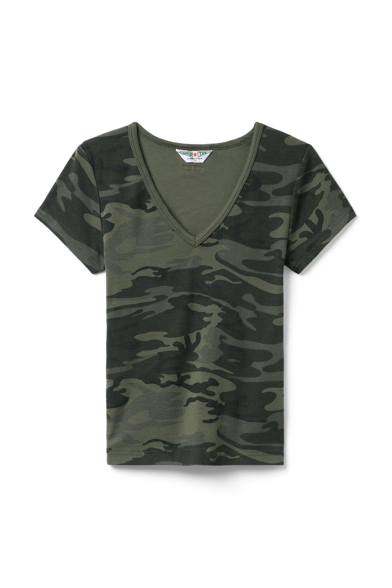 Women | Vintage Camo Short Sleeve V-Neck Baby Tee | Camo/Olive