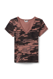 Women | Vintage Camo Short Sleeve V-Neck Baby Tee | Camo/Sienna