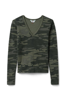 Women | Vintage Camo Long Sleeve V-Neck Baby Tee | Camo/Olive