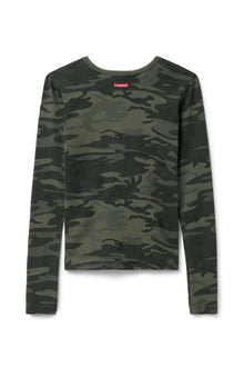Women | Vintage Camo Long Sleeve V-Neck Baby Tee | Camo/Olive