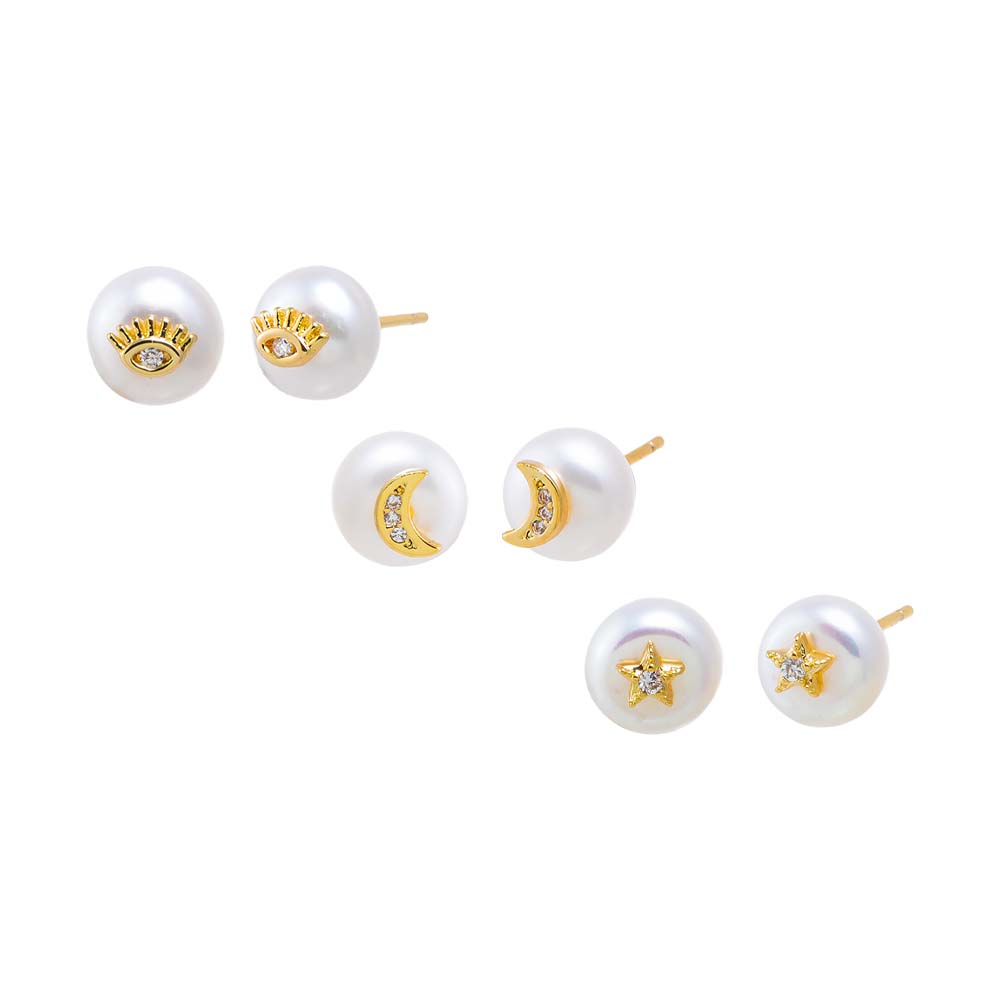 Pearl White Celestial Pearl Stud Earring Combo Set - Adina's Jewels