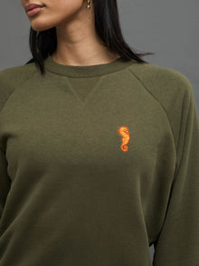 Carbon38 | Embroidered French Terry Crew Sweatshirt | Olive/ Seahorse