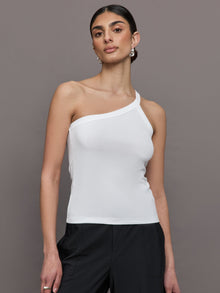Model wears a white ribbed one shoulder tank.