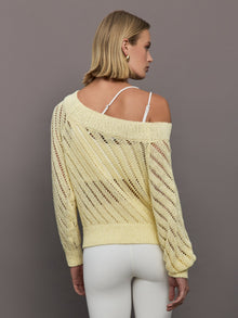Model wears a yellow off shoulder mesh cardigan with diagonal pattern. 