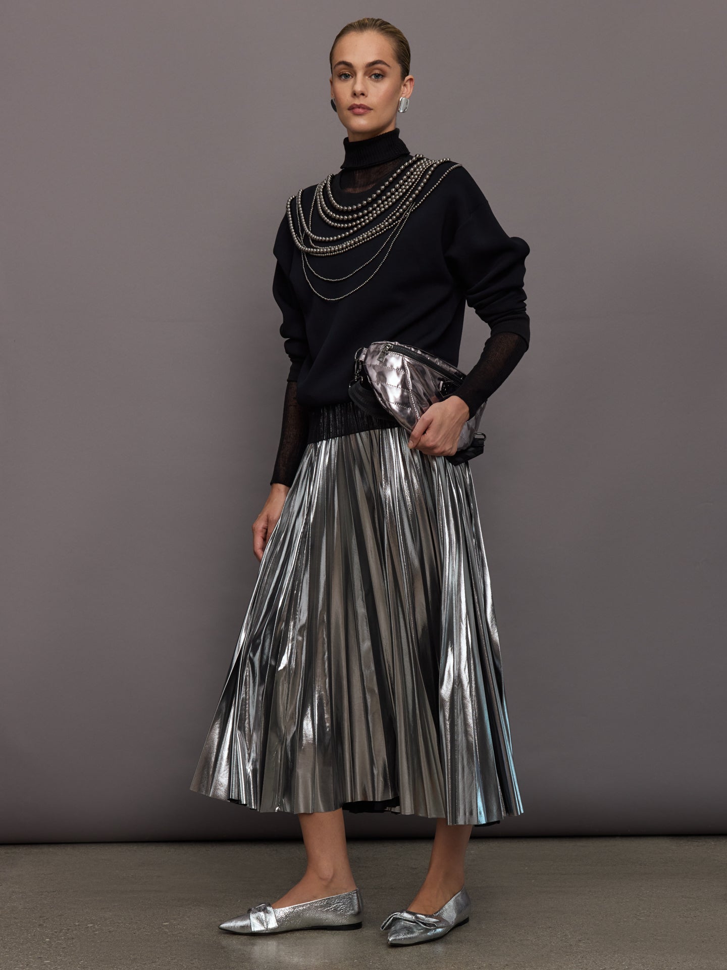 Carbon38 | Metallic Pleated Skirt | Silver