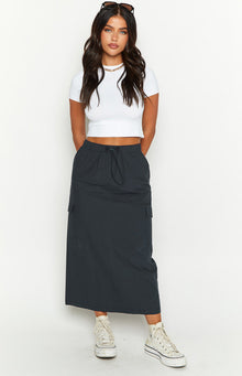 Beginning Boutique Callen Indigo Midi Cargo Skirt indigo midi cargo skirt with drawstring waist and side pockets