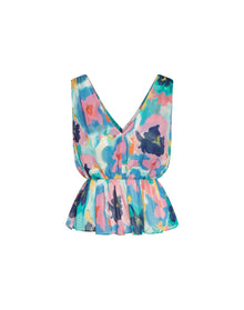 Carli Silk Pleated Deep V Floral Peplum Top | Summer Majesty