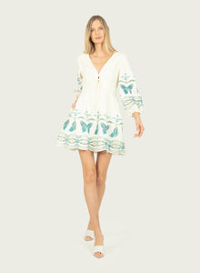 Priscilla Dress | Creme x Multi-Blue Embroidery