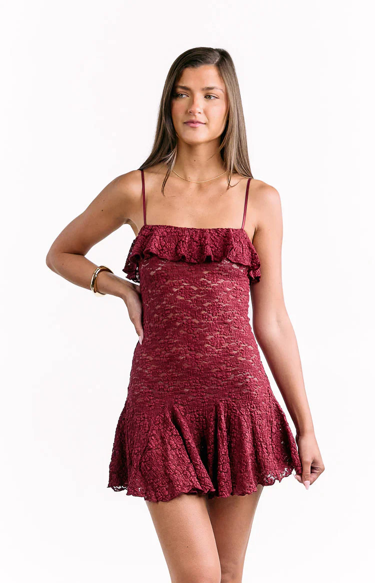 Celeste Lace Party Mini Dress | Wine