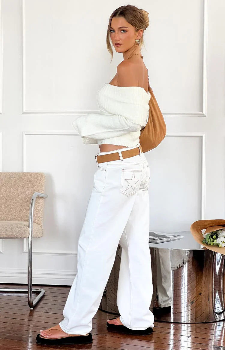 Clara Star Denim Low Rise Jeans | White