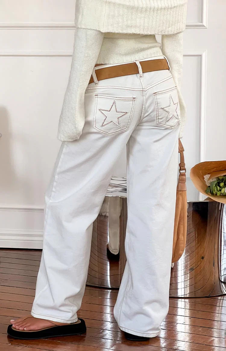 Clara Star Denim Low Rise Jeans | White