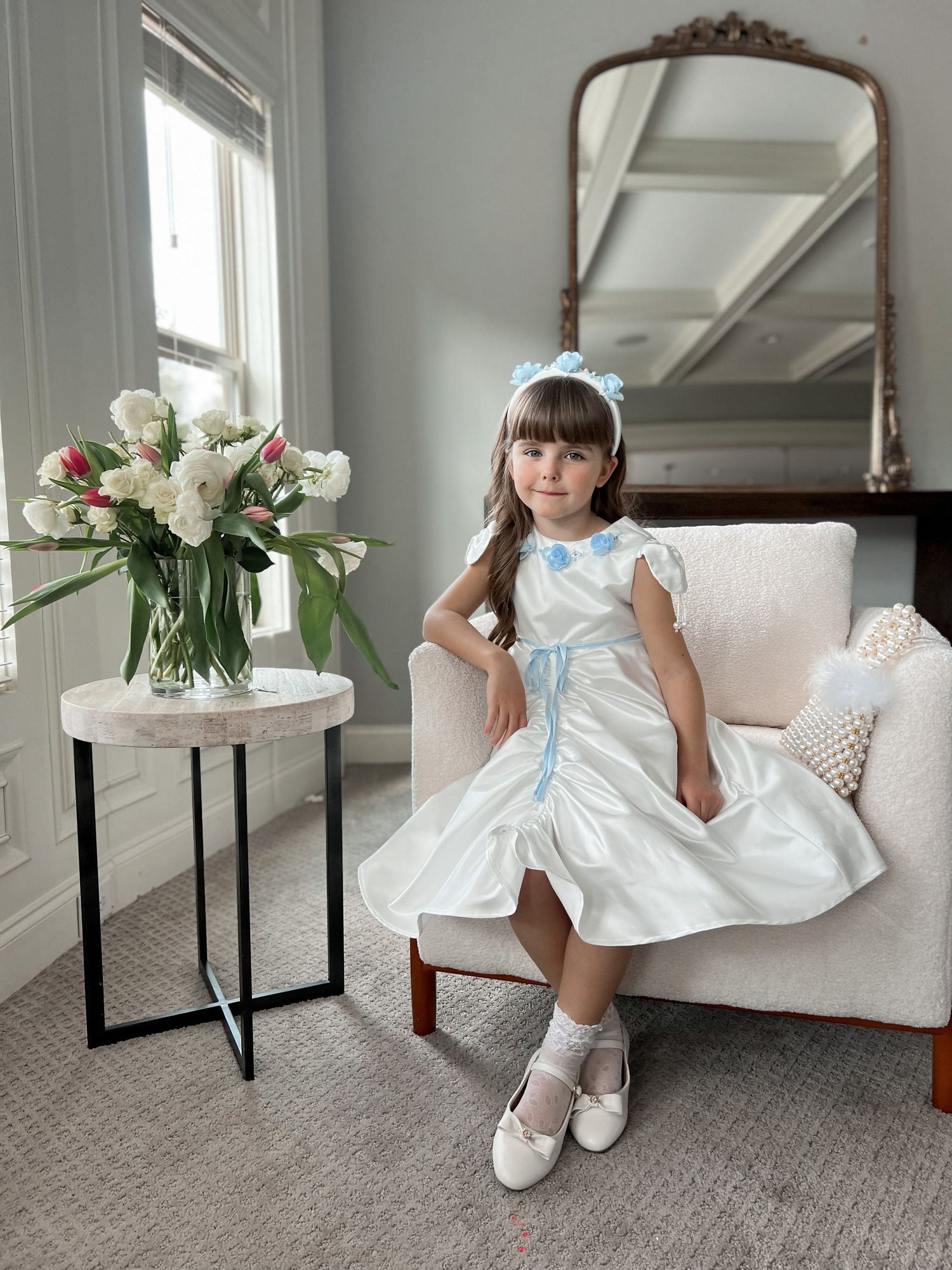 Daphne White Satin Dress with Blue Embroidery | Blue