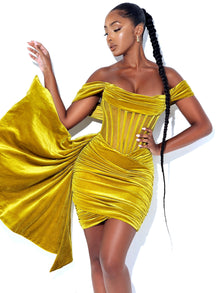 Irisa Draping Off Shoulder Corset Dress | Gold