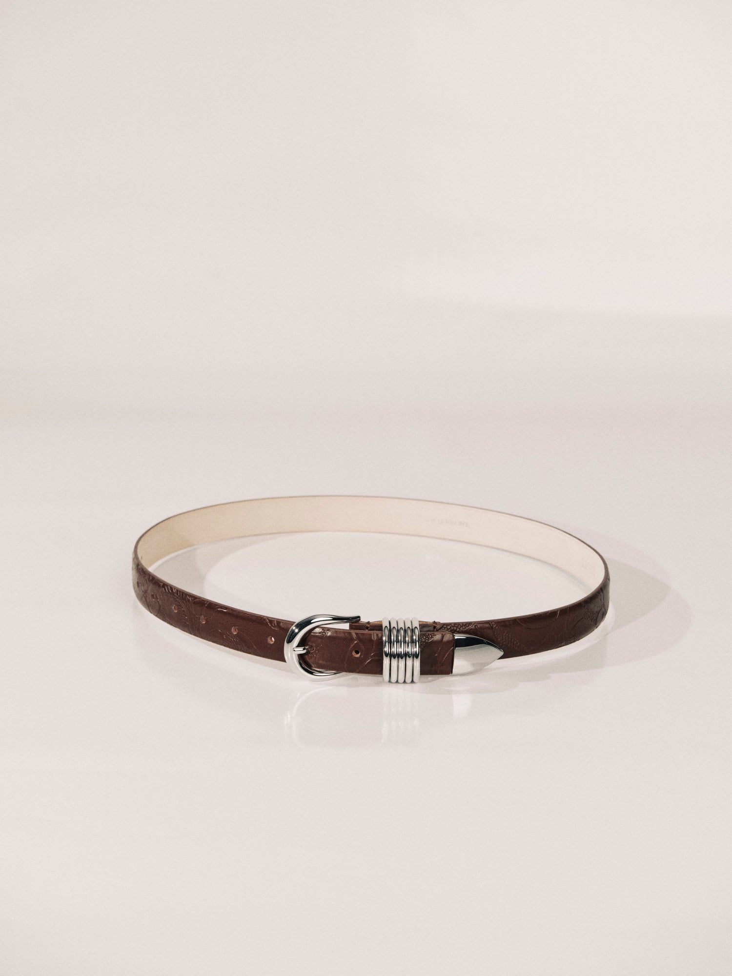 Hollyhock Leather Belt | Floral Embossed Mahogany & Silver