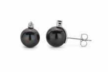 Round Stud Earrings | 14K White Gold | 1/4 Carat Lab Grown Diamond/Black Tahitian Pearl | 11mm - 12mm | G-SI