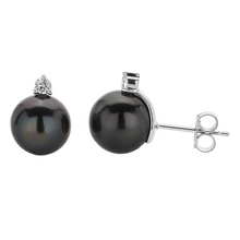 Round Stud Earrings | 14K White Gold | 1/4 Carat Lab Grown Diamond/Black Tahitian Pearl | 11mm - 12mm | G-SI