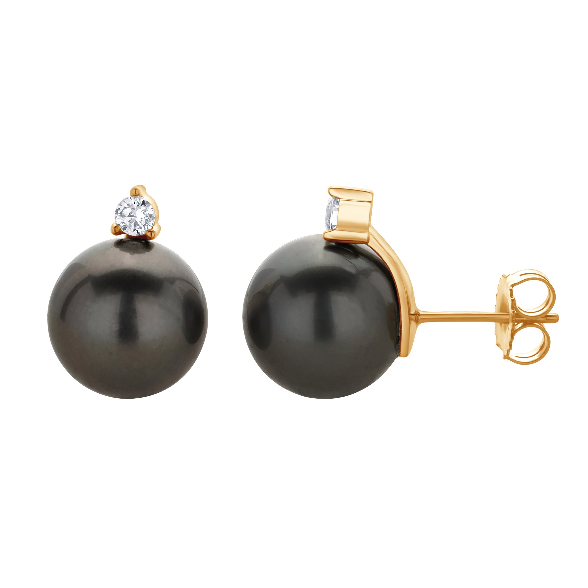 Round Stud Earrings | 14K Yellow Gold | 0.25 Carat Lab Grown Diamond/Black Tahitian Pearl | 12mm - 13mm | H-I-I2-I3