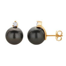 Round Stud Earrings | 14K Yellow Gold | 1/10 Carat Lab Grown Diamond/Black Tahitian Pearl | 9mm - 10mm | G-SI
