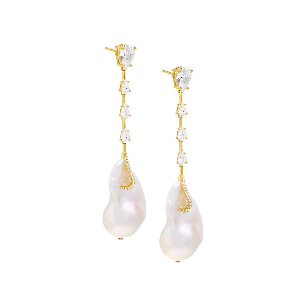 Gold Dangling CZ Baroque Pearl Stud Earring - Adina's Jewels