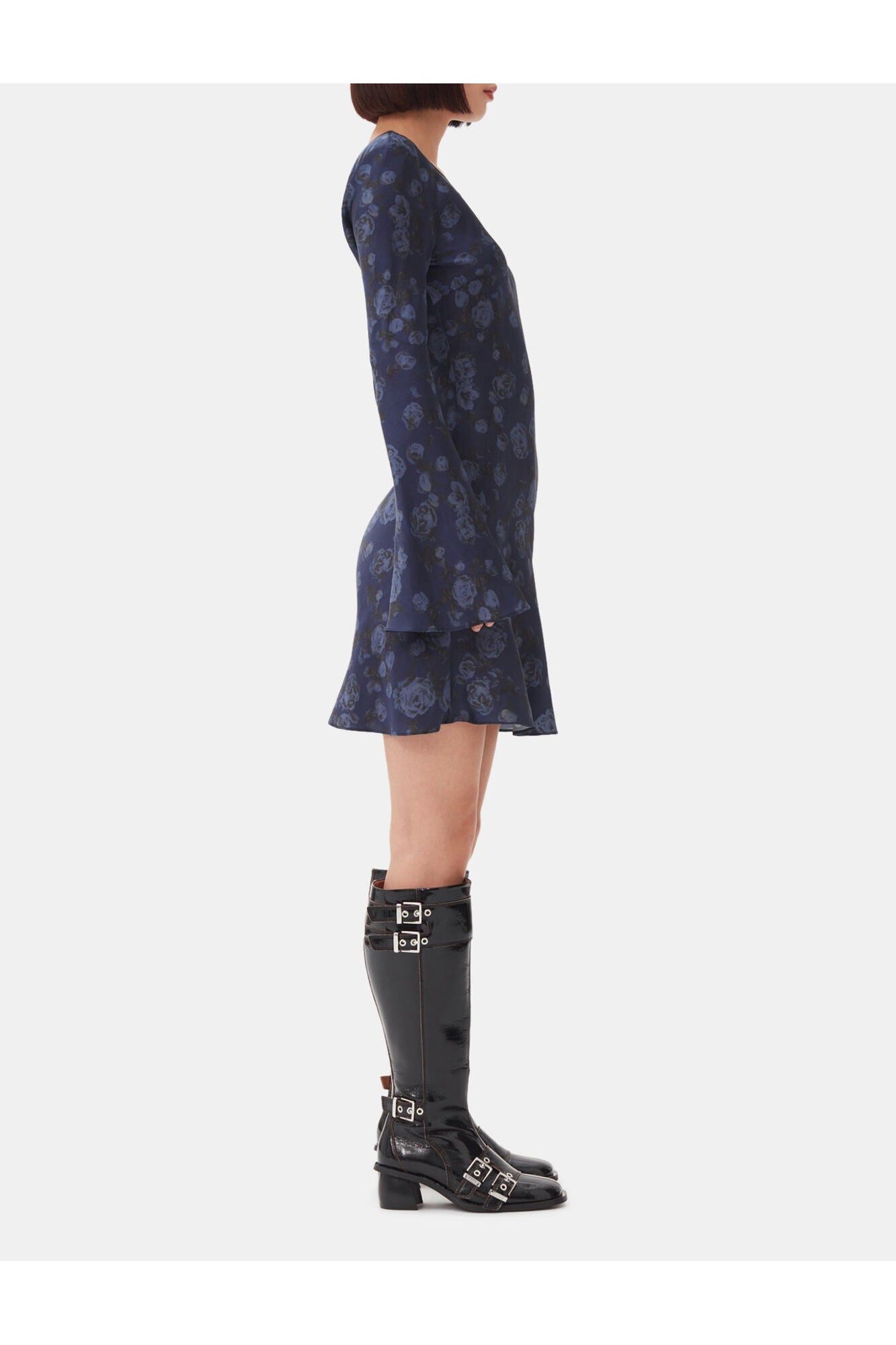 Dark Blue Floral Printed Mini Dress | Peacoat