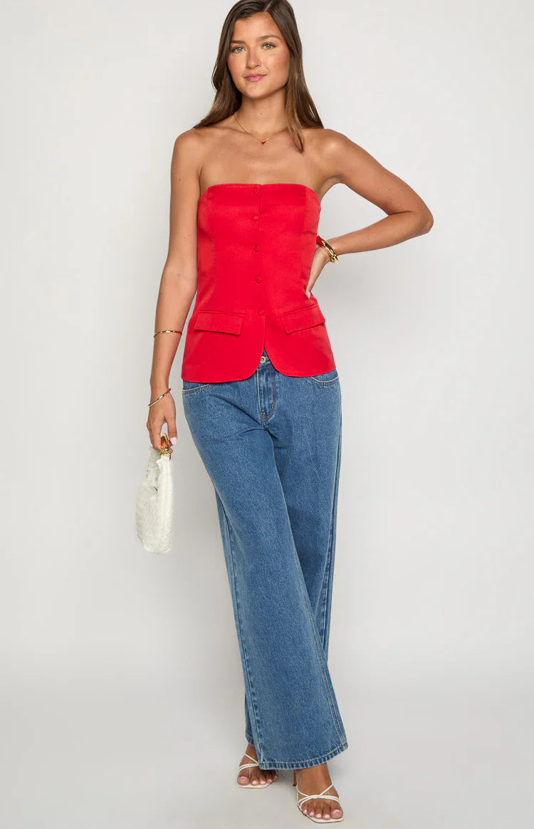 Dien Strapless Button Up Top | Red