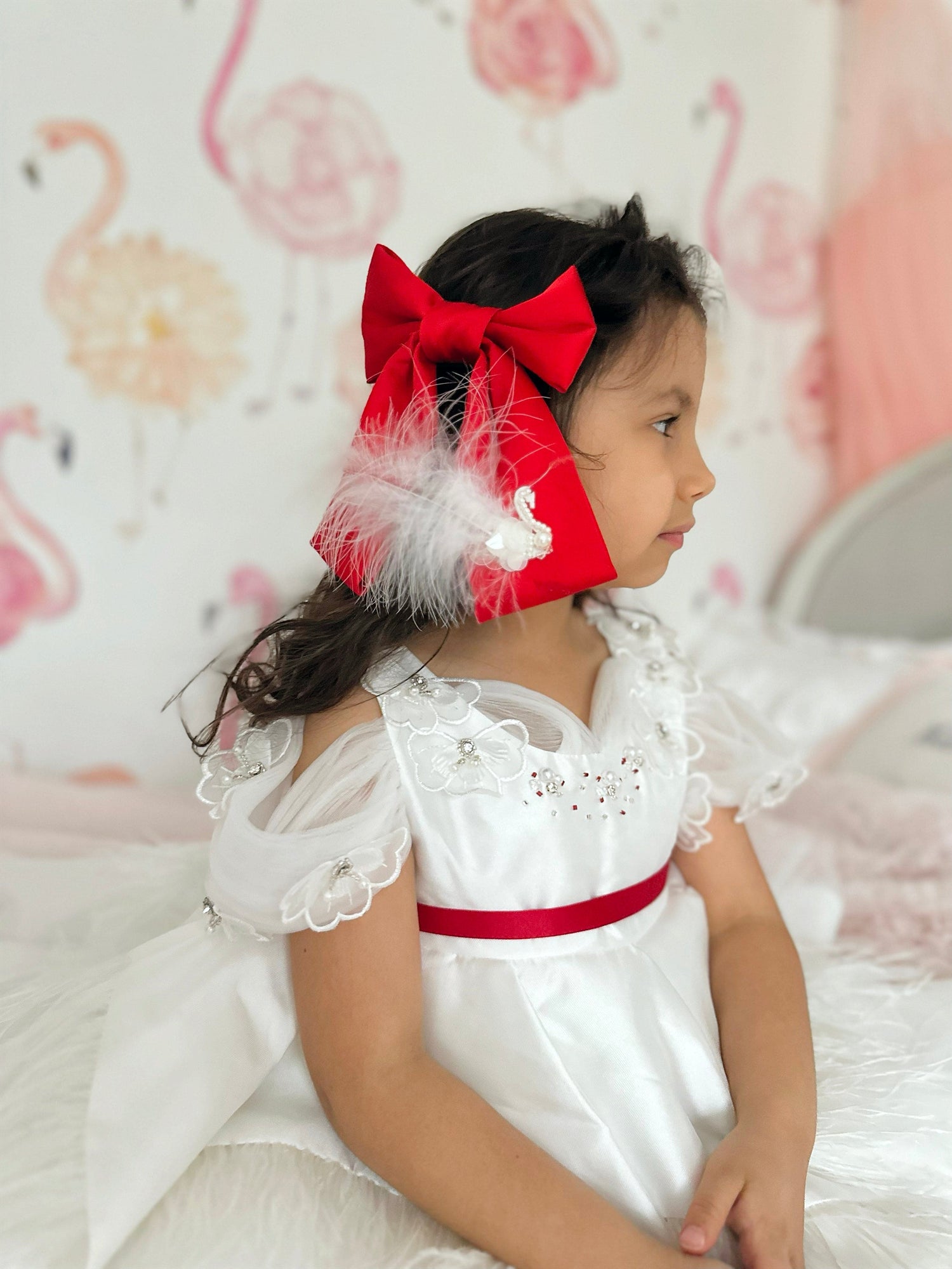 Anise Satin Embroidered Hair Bows  | Red