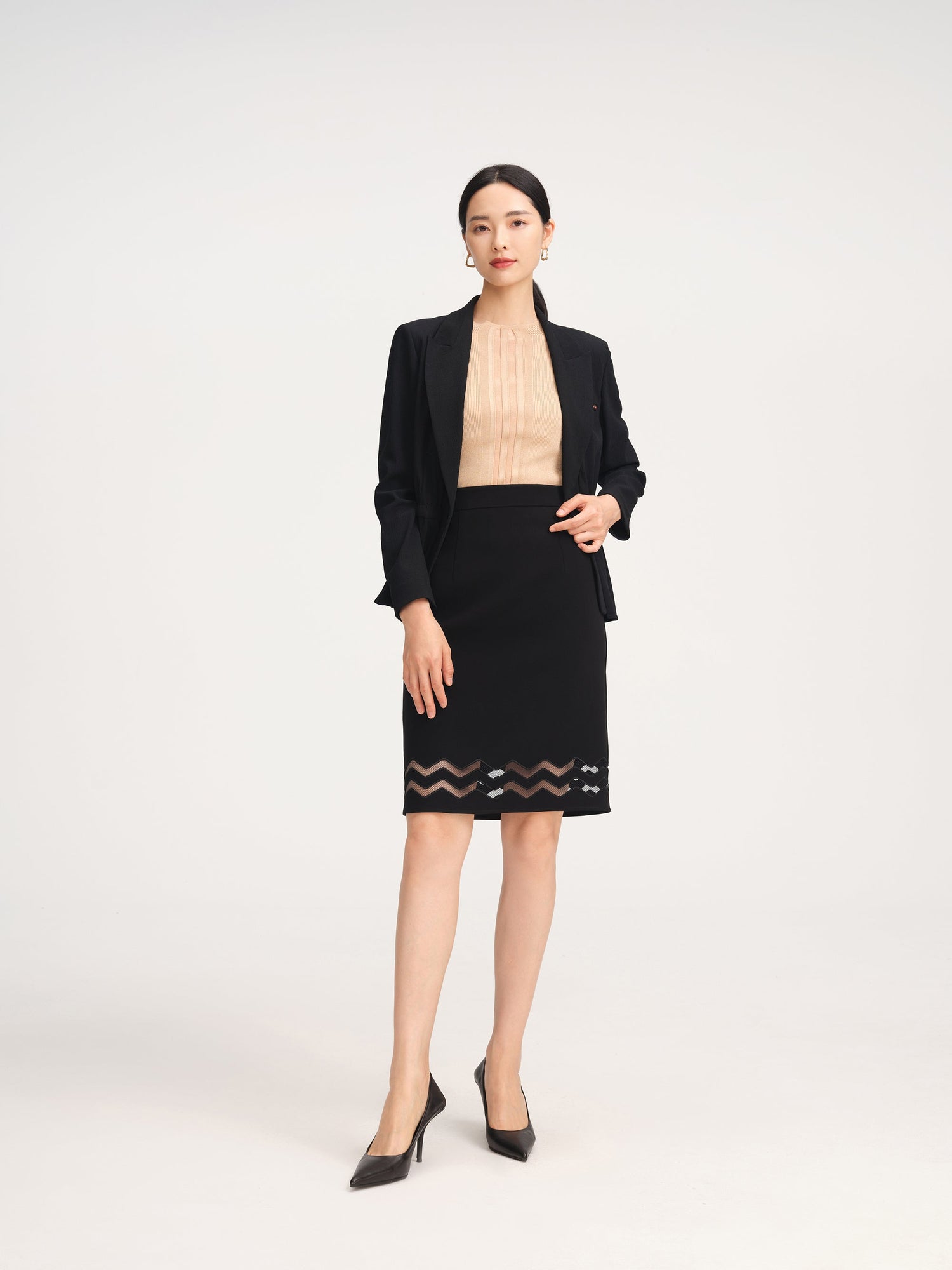 Triacetate Double Cut-Out Mesh Midi Skirt | Black