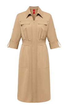 Wool Elegant Waist-Defining Slim-Fit Dress | Khaki