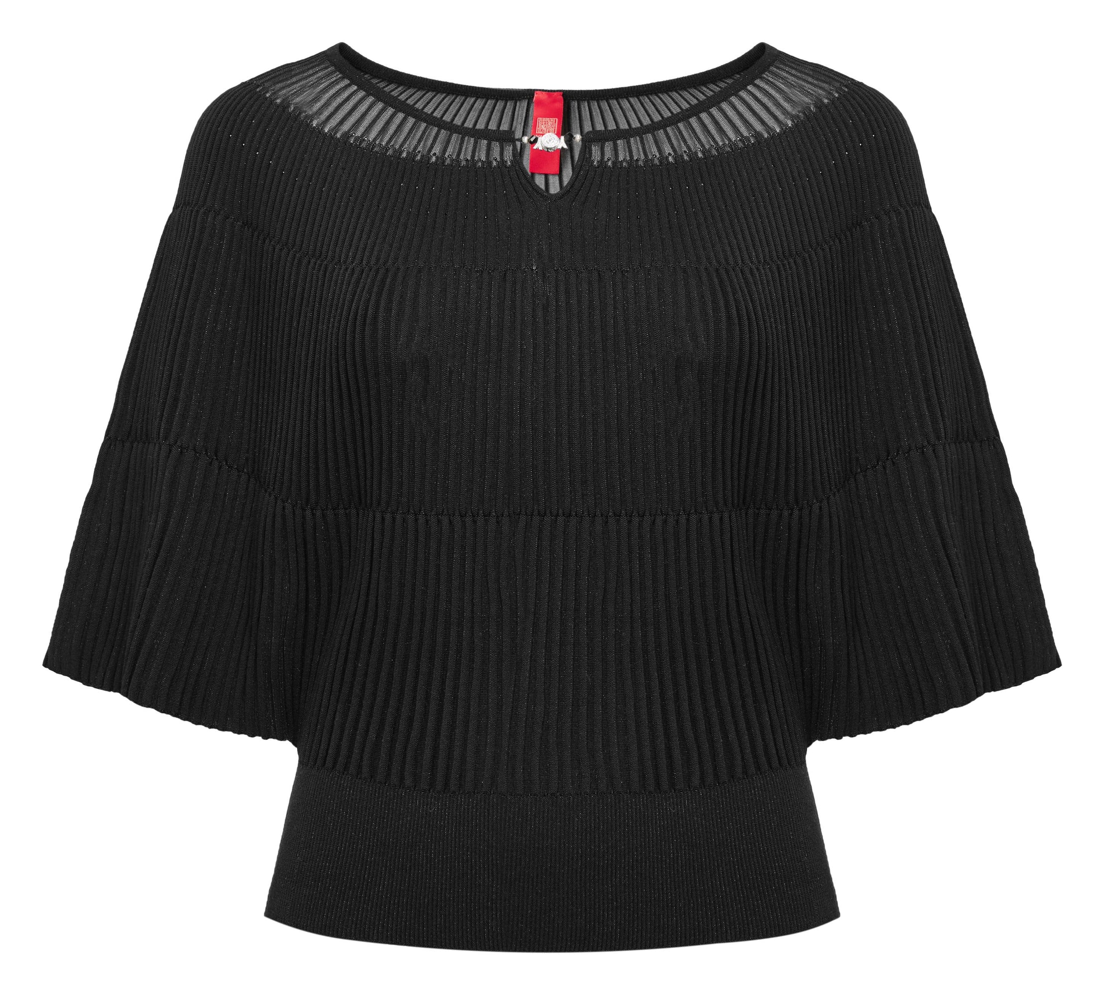 Round Neck Top Waist-Defining Short-Sleeve Knit Top | Black