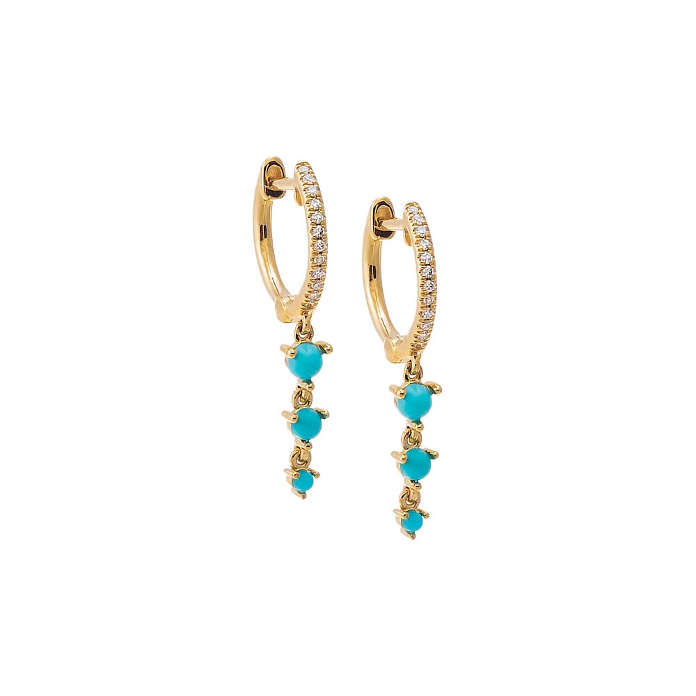 Turquoise Diamond Pave X Turquoise Triple Drop Huggie Earring 14K - Adina's Jewels