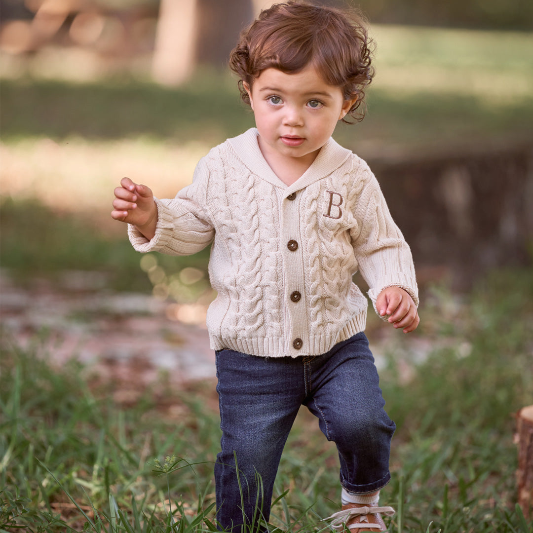 Unisex | Wheat Horseshoe Cable Knit Baby Cardigan | Wheat