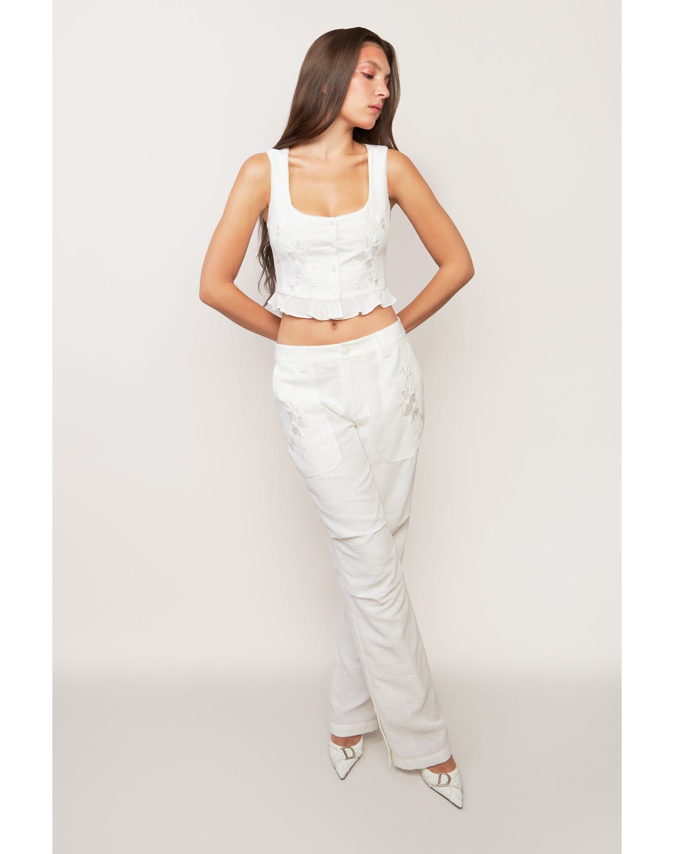 Embroidered Cargo Pant | White