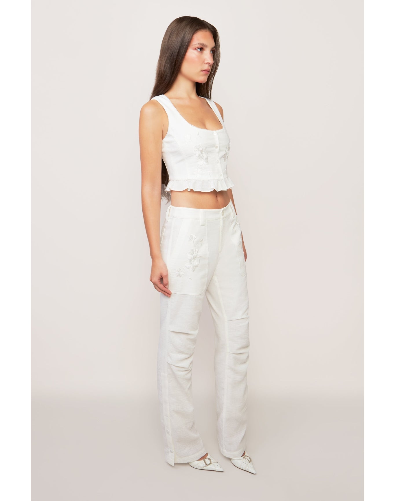 Embroidered Cargo Pant | White