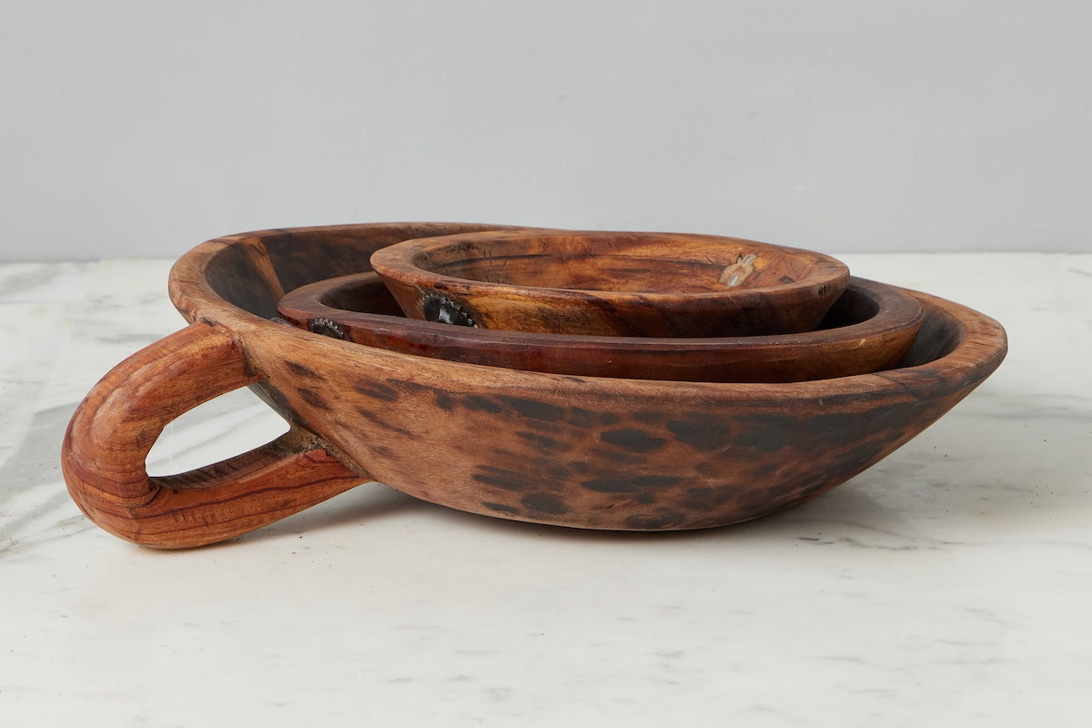 Vintage Wood Bowl with Carved Handle | Natural