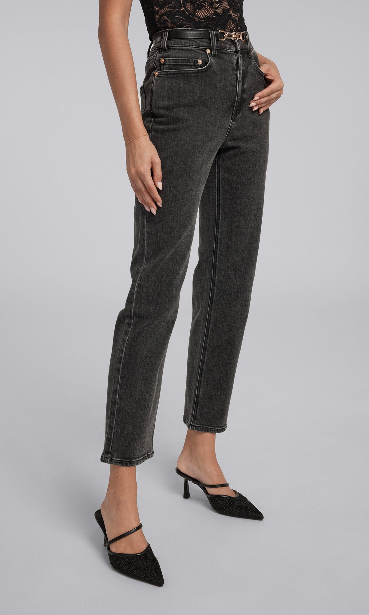 Emmett Denim Pants With Vegan Leather Belt | Washed Black