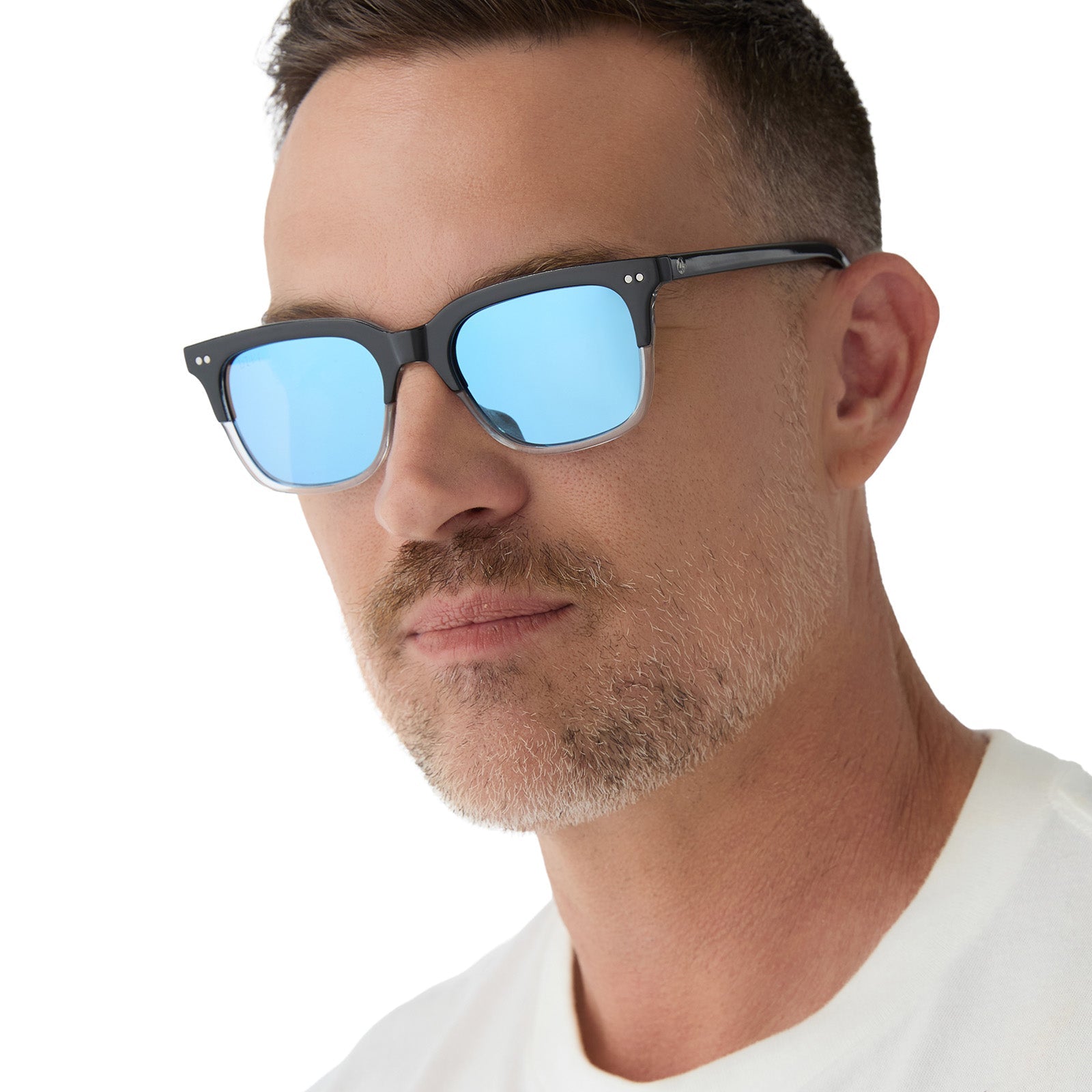 Unisex | Mr. Fantastic Sunglasses | Retro Black To Clear Gradient | Quantum Blue Polarized Lenses