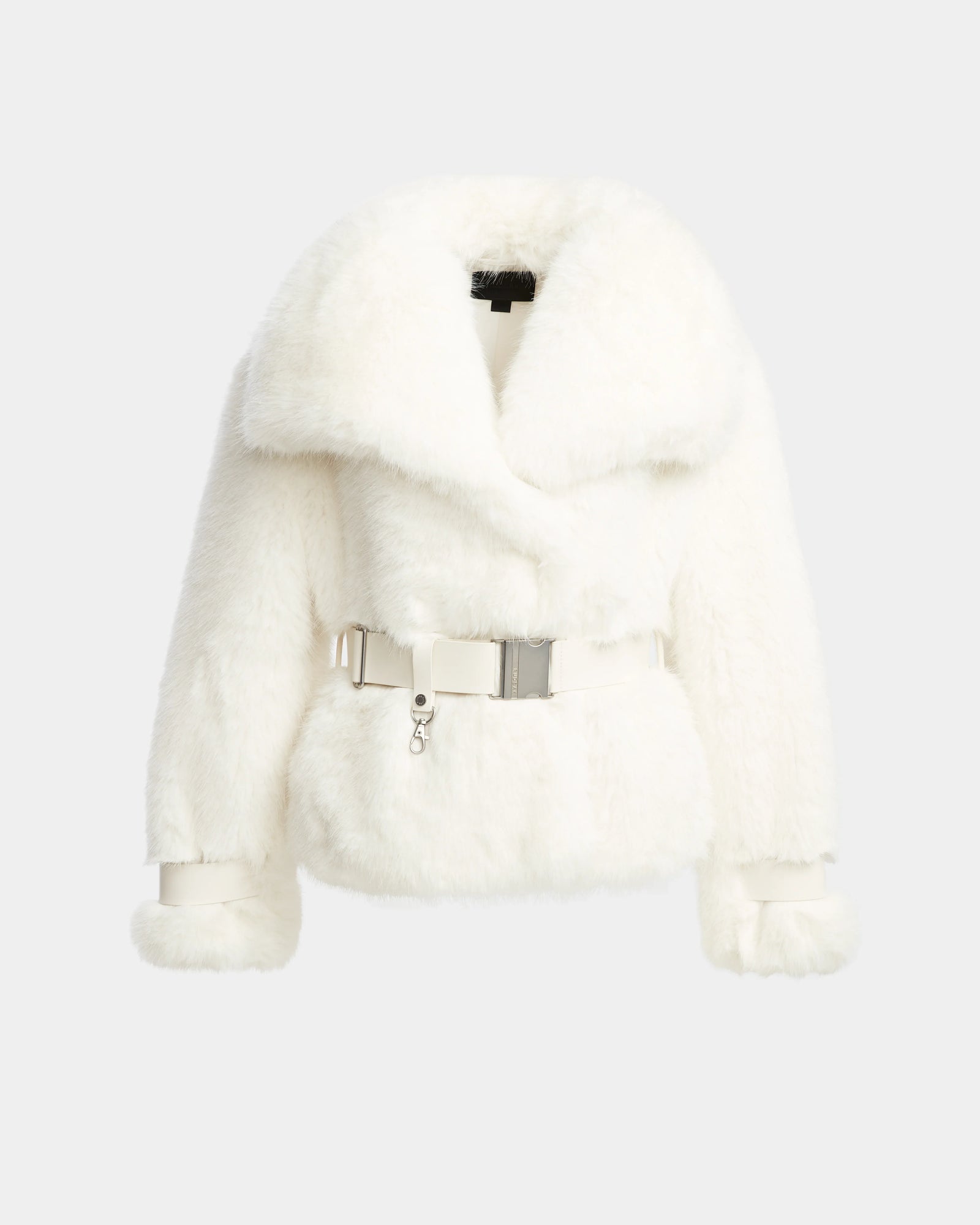 The CHLOE - L124564 Iceland by Rudsak is a womens faux fur jacket featuring a wide collar, belted waist, and cuffed sleeves—ideal for your winter wardrobe. Shown against a plain light gray background.