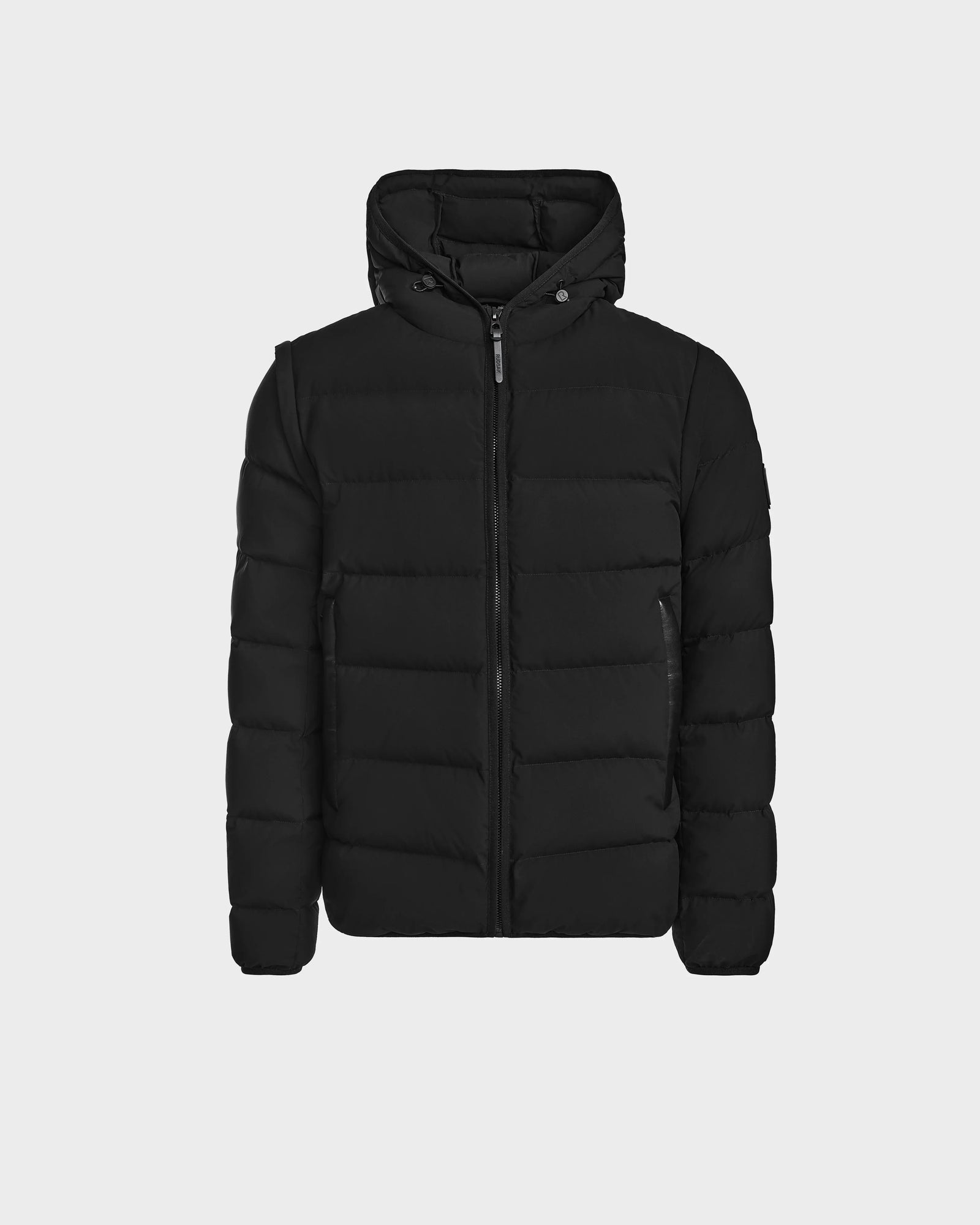 The Rudsak DEMIAN M-R - M123504 Black is a mens down puffer jacket in recycled matte fabric with a front zipper, side pockets, and hood, shown against a plain white background.