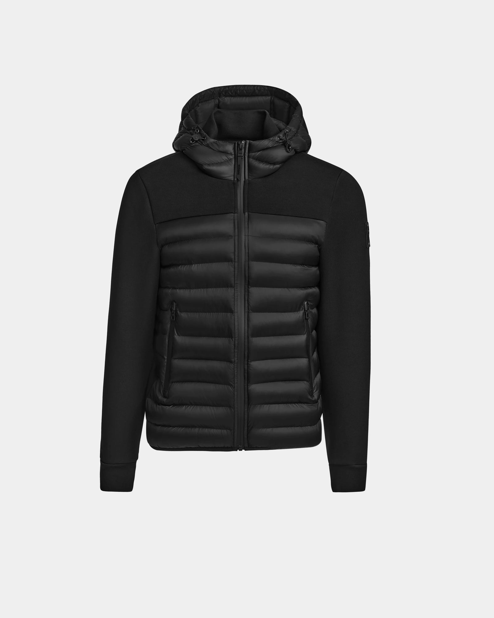 The Rudsak DURIN M - M123515 Black mens hooded jacket features lightweight down insulation, quilted padded front, smooth sleeves, zippered side pockets, a high collar, and a front zipper, shown on a plain light gray background.