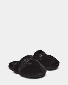 A pair of black FLUFF - L223509 women's open-back slippers by Rudsak, featuring a fuzzy soft texture and an elastic strap with subtle lettering, are shown side by side on a plain white background.